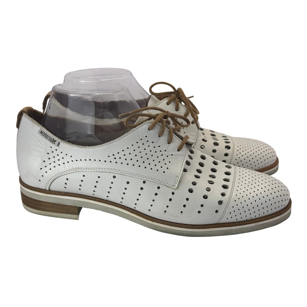Mephisto White Leather Perforated Lace Up Oxford Cap Toe Shoes Low Heel 8.5